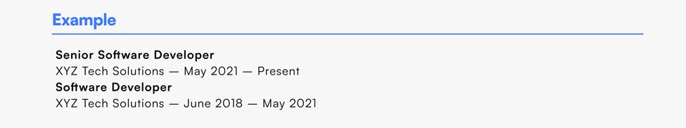 Resume example showing career growth from Software Developer (2018-2021) to Senior Software Developer (2021-present) at XYZ Tech.