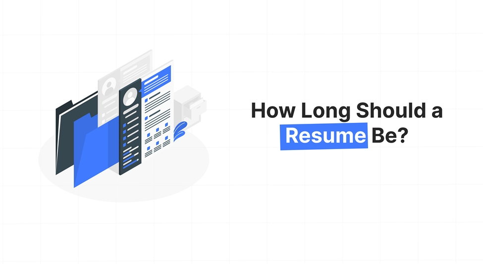 Isometric illustration of resume documents and folders with the question 'How Long Should a Resume Be?' for job seekers.