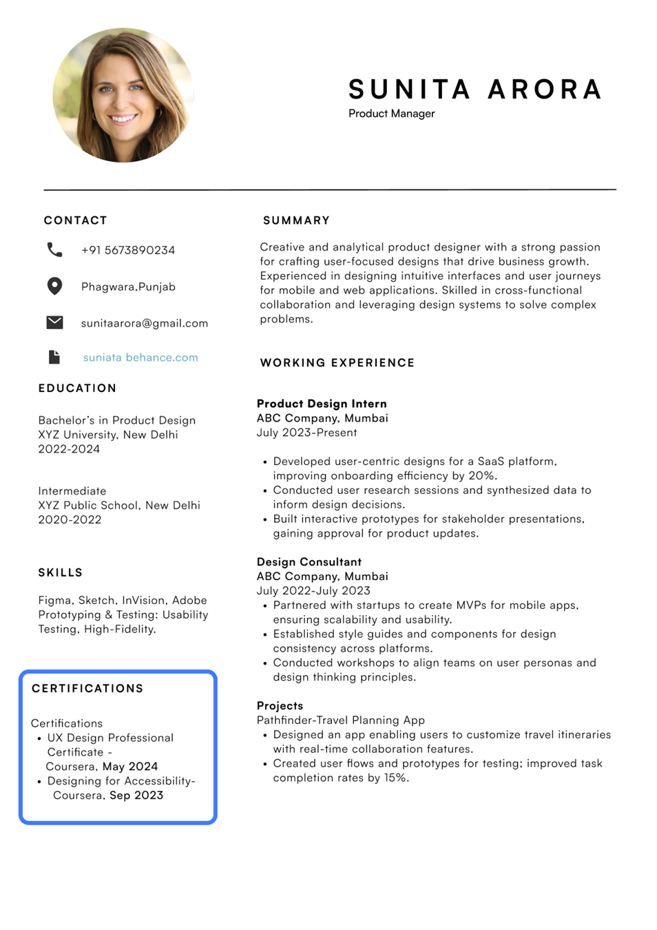 Resume of Sunita Arora, a product manager, showcasing education, work experience, skills, and a certifications section highlighting UX design credentials.