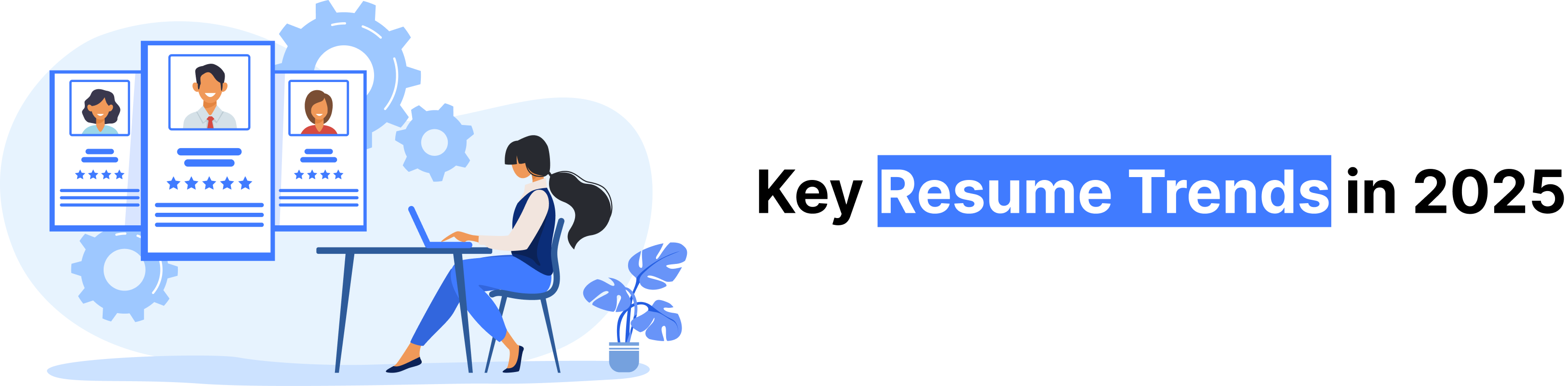 Illustration of resume trends in 2025, featuring multiple candidate profiles and a person analyzing them on a laptop.