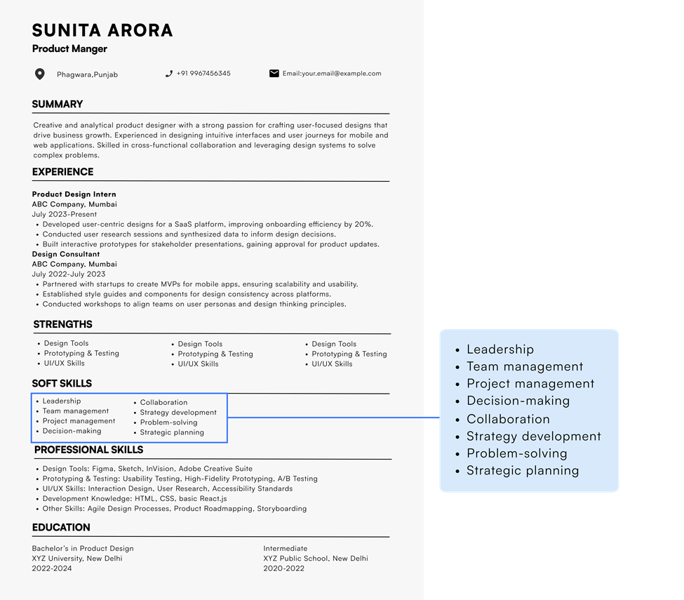 Resume highlighting leadership, team management, project management, and design skills, with UI/UX and prototyping experience.
