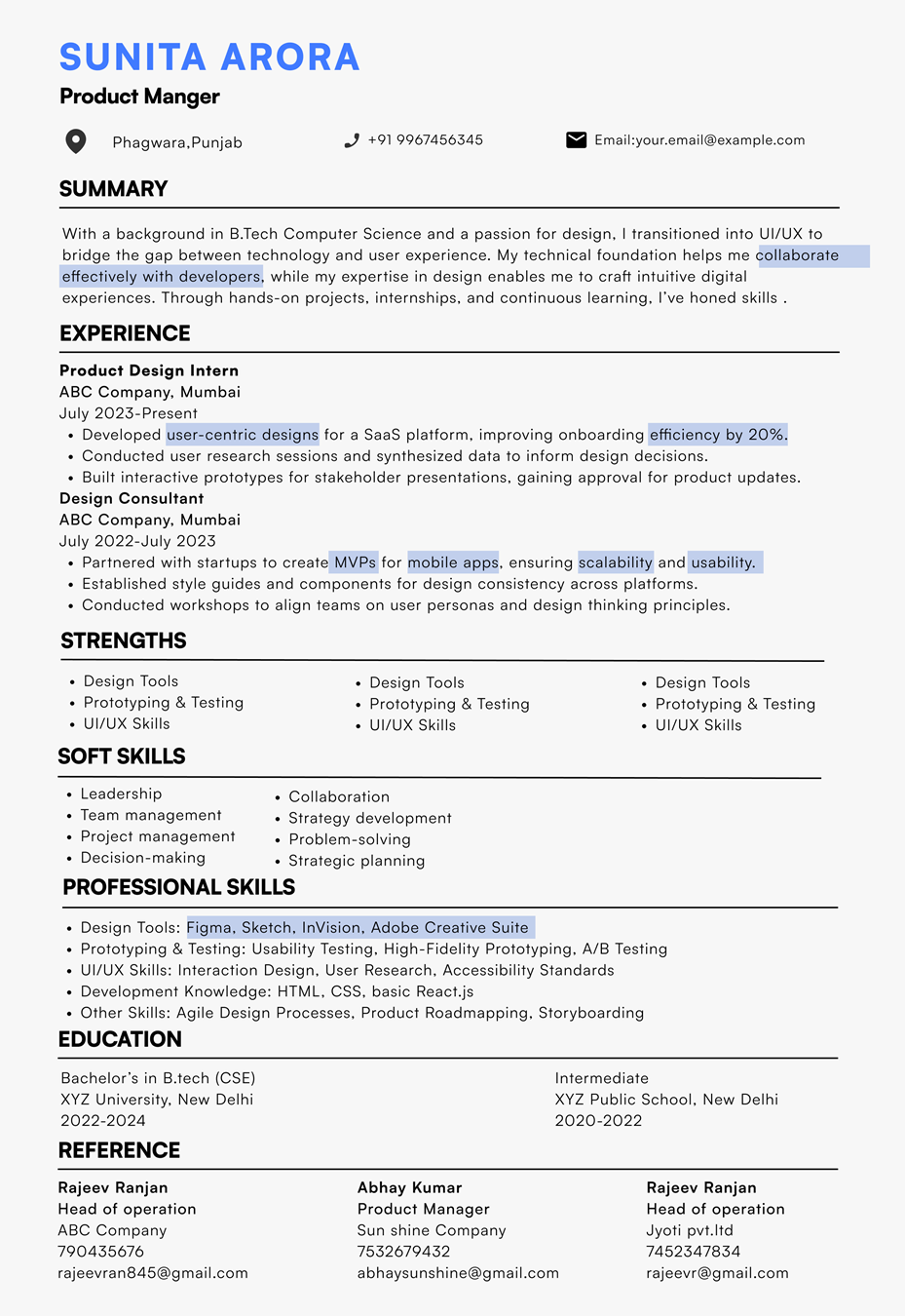 Resume of Sunita Arora, a product manager with UI/UX expertise, showcasing user-centric design, mobile app development, and skills.