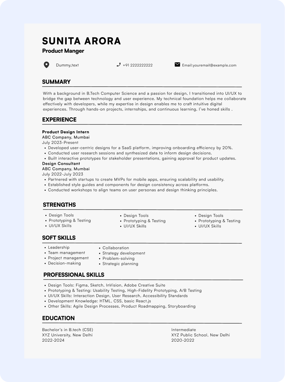 Career change resume example of Sunita Arora, a product manager with UI/UX design experience, SaaS development, and user-centric design.