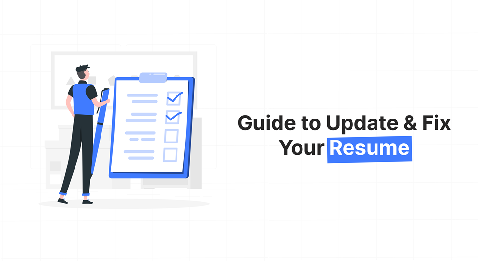 Illustration of a person reviewing a checklist, guiding job seekers on updating and fixing their resumes for 2025 job applications.