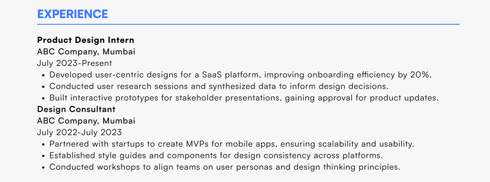  Work experience section listing roles as Product Design Intern and Design Consultant at ABC Company, Mumbai, with key achievements.