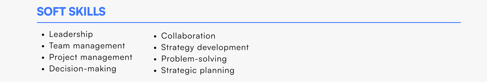  Soft skills section listing leadership, teamwork, collaboration, problem-solving, decision-making, strategy development, and planning.