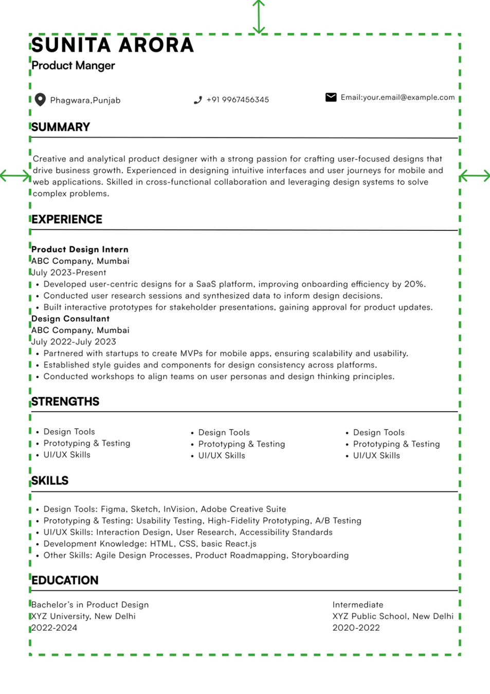 Resume example for Sunita Arora, Product Manager, showcasing ideal margins, spacing, and formatting for a professional layout.