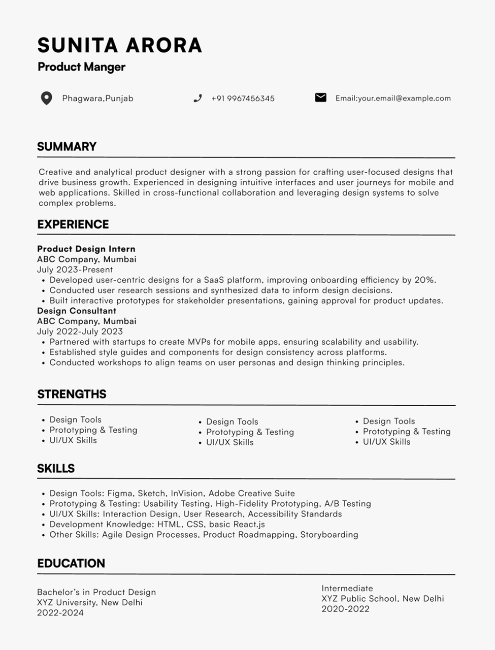 Professional resume of Sunita Arora, a Product Manager with expertise in user-centered design, SaaS development, and mobile app creation.