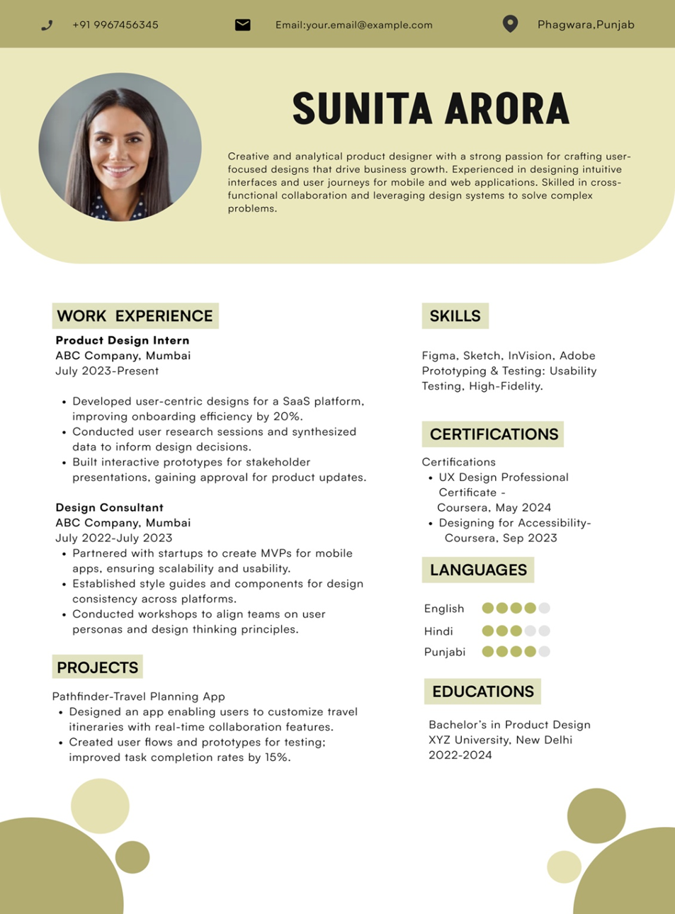 Resume for Sunita Arora, product designer, highlighting experience, skills, certifications, and projects.