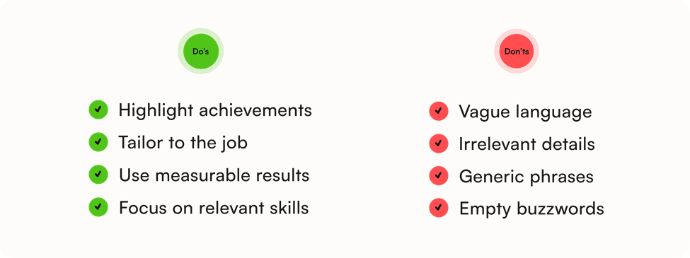 Comparison of resume summary do's and don'ts, highlighting achievements, measurable results, and avoiding vague language.