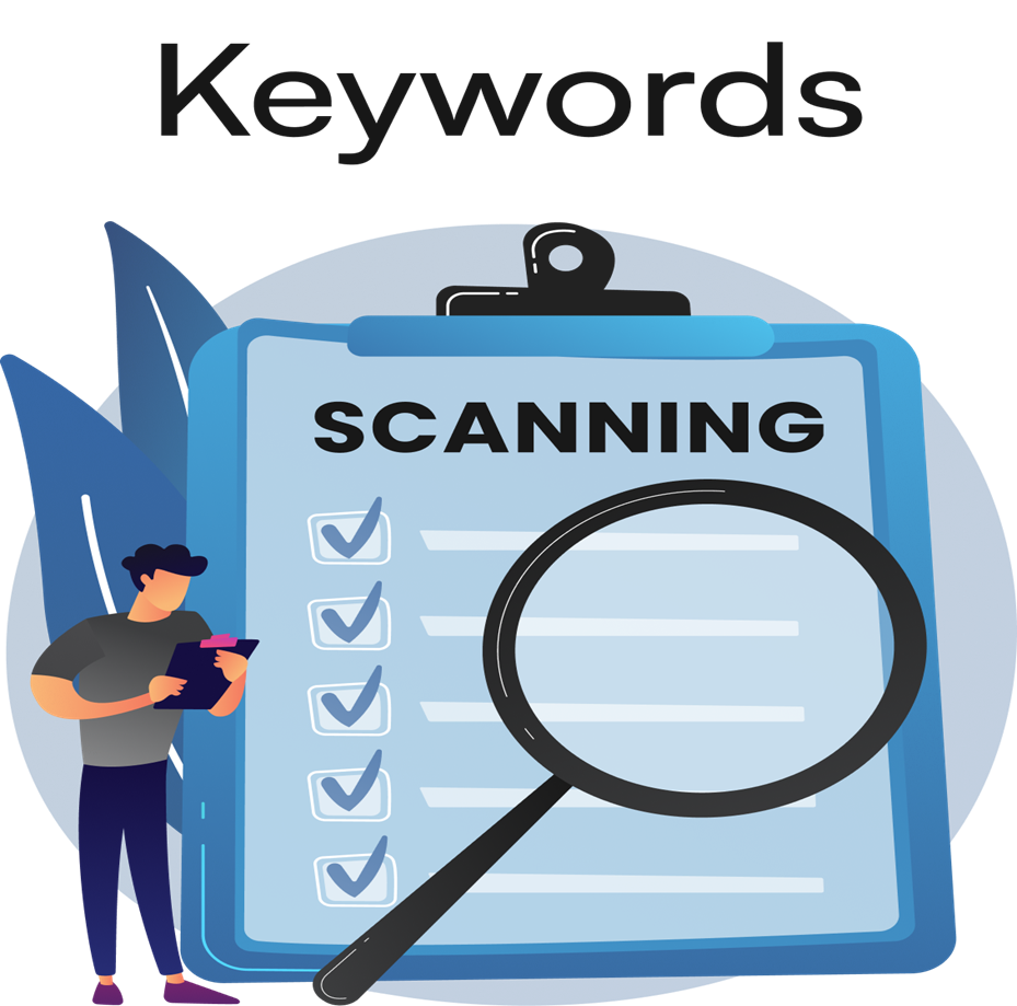 Illustration of a person using a magnifying glass to scan a checklist for keywords, emphasizing ATS-friendly resume summaries.