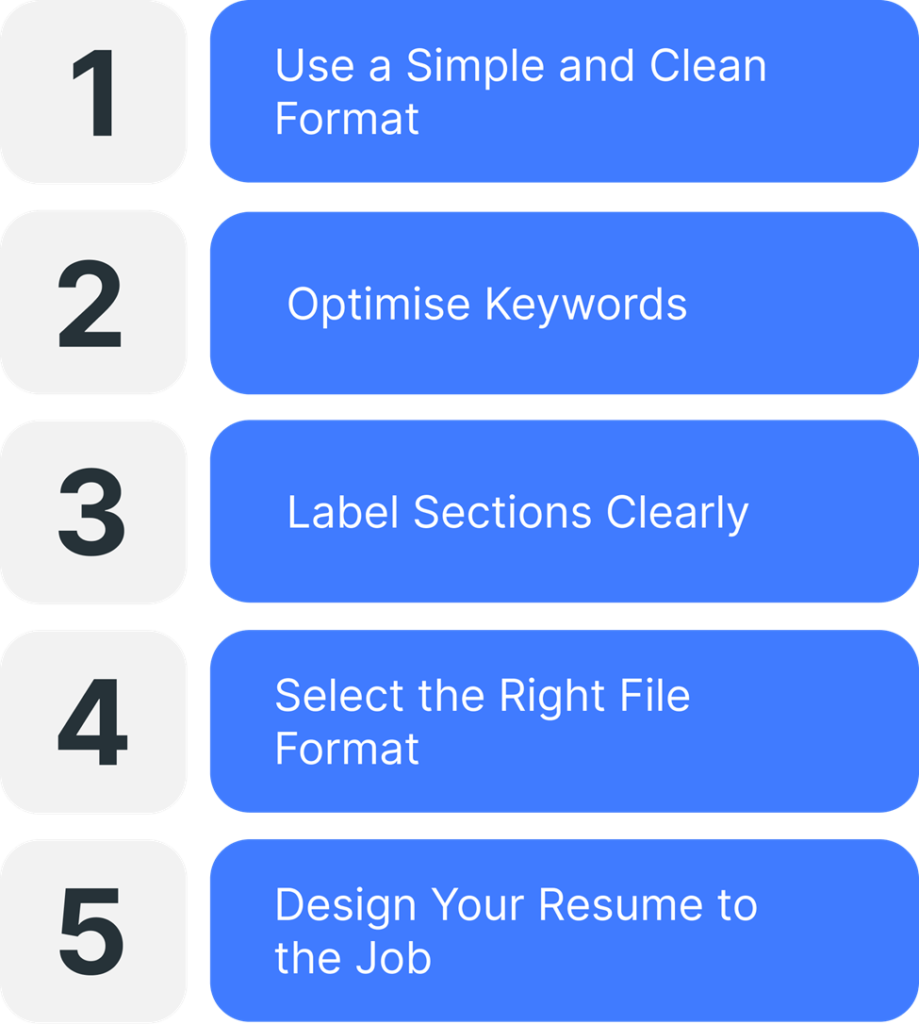 Five essential steps to make a resume ATS-friendly, including format selection, keyword optimization, and clear section labeling.