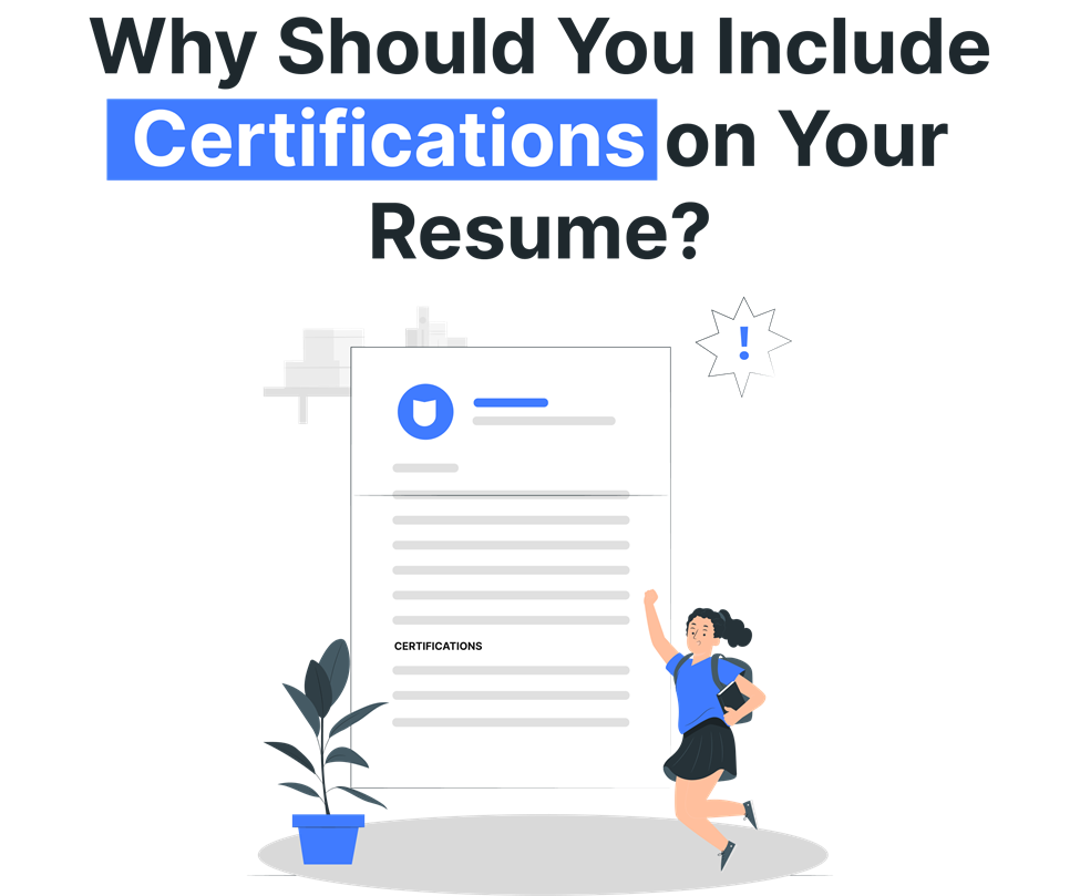 Illustration of a resume highlighting the 'Certifications' section, with a person jumping in excitement, emphasizing the importance of listing certifications on a resume.