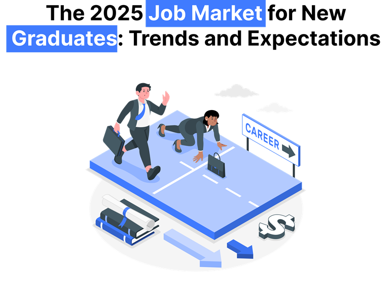 Graduates compete in the 2025 job market, with one running ahead and another preparing to enter a career path toward success.
