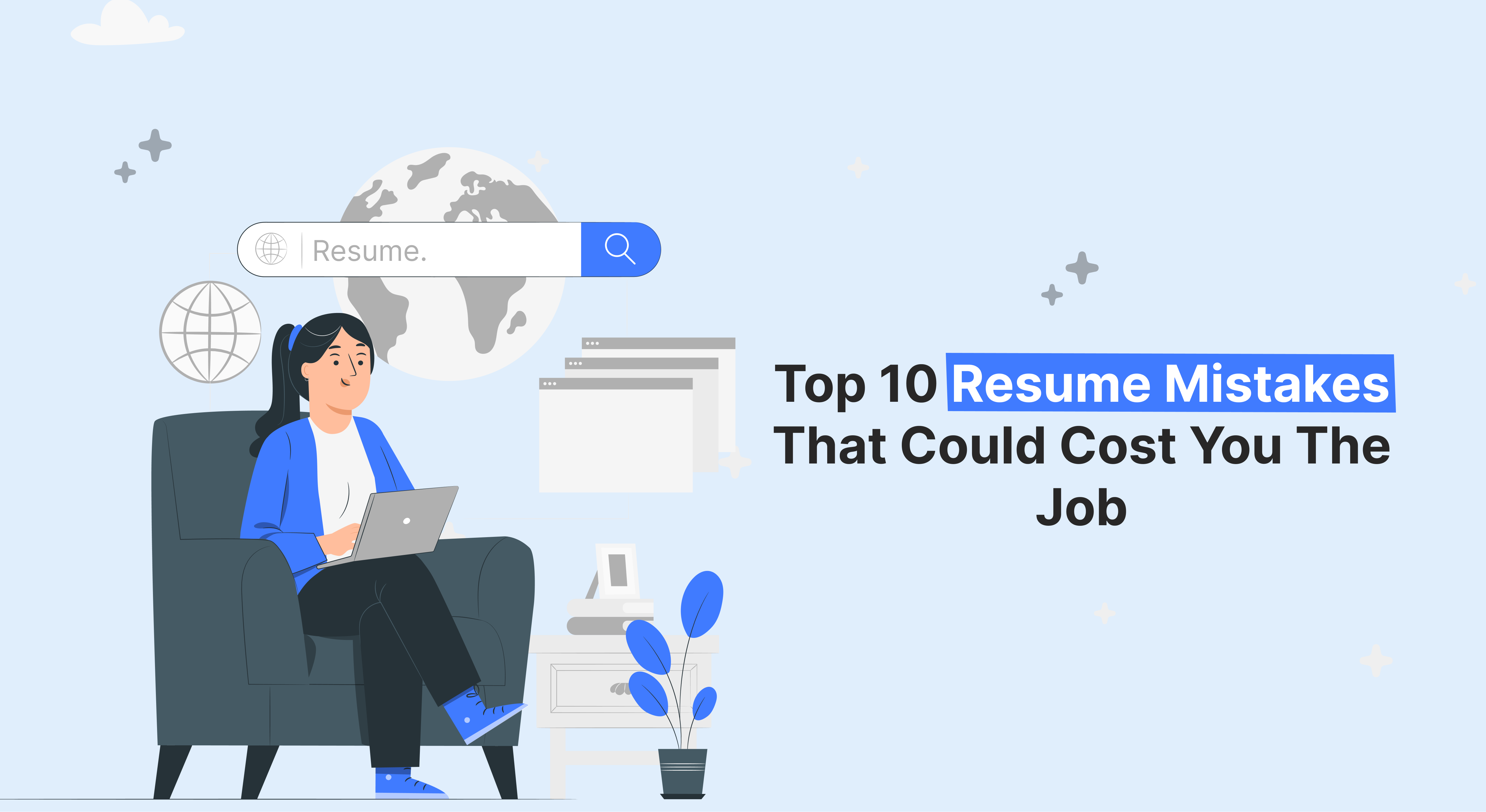 Woman using a laptop with a resume search bar, highlighting top 10 resume mistakes that could cost job opportunities in 2025.