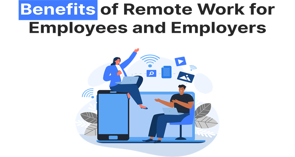 Illustration of two people working remotely, using laptops and a phone, highlighting the benefits of remote work for employees and employers.