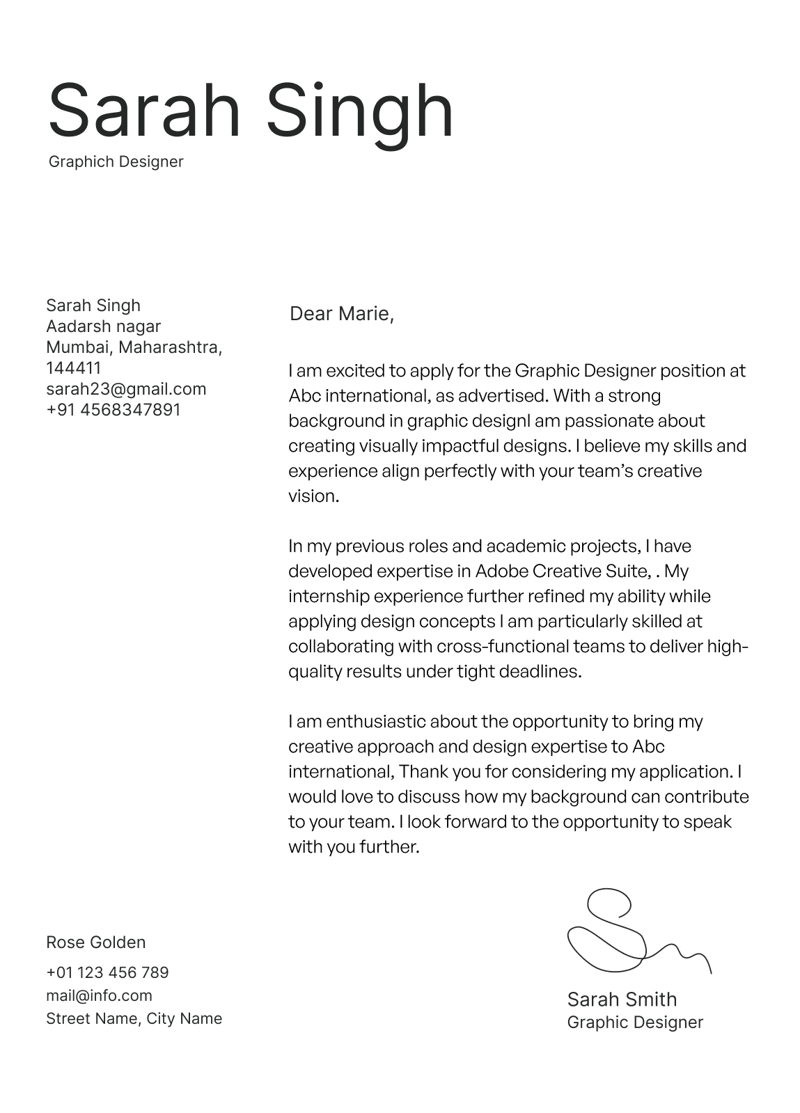 Example of a customized cover letter for a Graphic Designer role, showing format, structure, and tone for effective job applications.