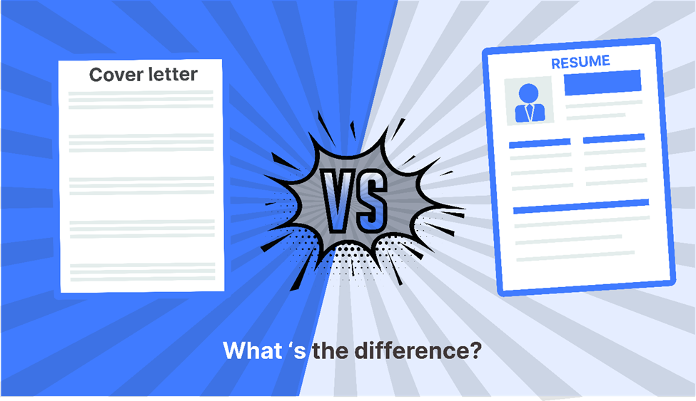 Comparison of a cover letter and a resume with a bold "VS" graphic, illustrating key differences and when to use each in job applications.