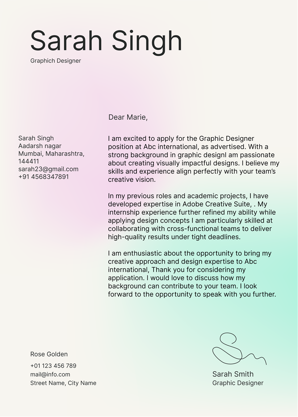 Cover letter for Sarah Singh, a Graphic Designer, applying for a position at ABC International, showcasing her skills and experience.