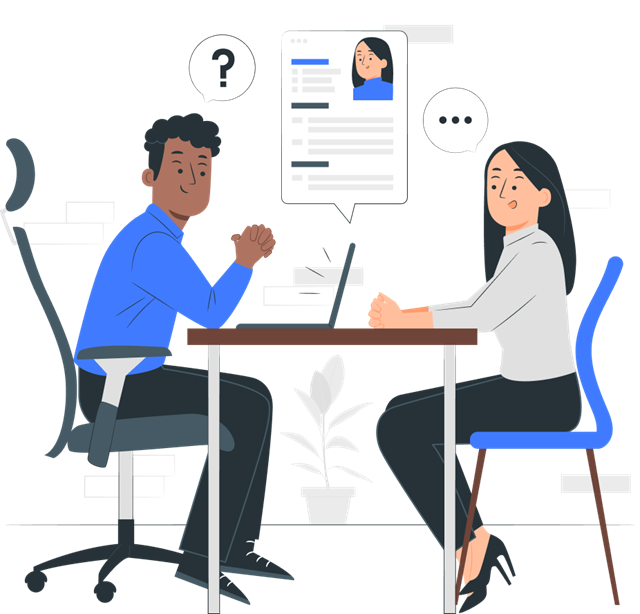 Two professionals seated at a table during a job interview, with one reviewing a digital resume and preparing relevant questions.