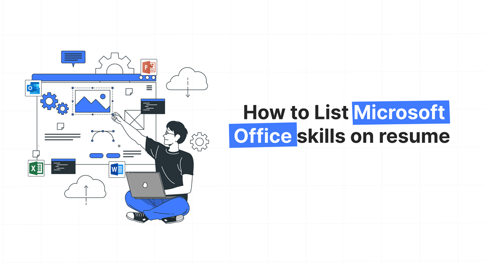 Person pointing at graphic elements representing Microsoft Office applications, like Word, Excel, and PowerPoint, displayed on a computer screen; guide on how to list Microsoft Office skills on a resume.
