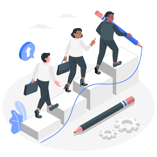 Three professionals climb a staircase guided by a pencil, symbolizing career growth, strategic job searching, and teamwork for success.