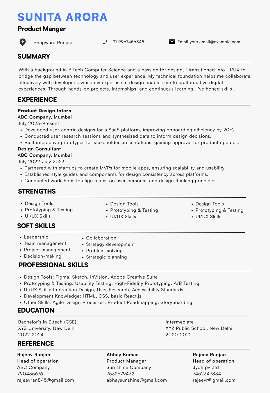 Resume of Sunita Arora, Product Manager, showcasing UI/UX design skills, user research expertise, and product development experience.