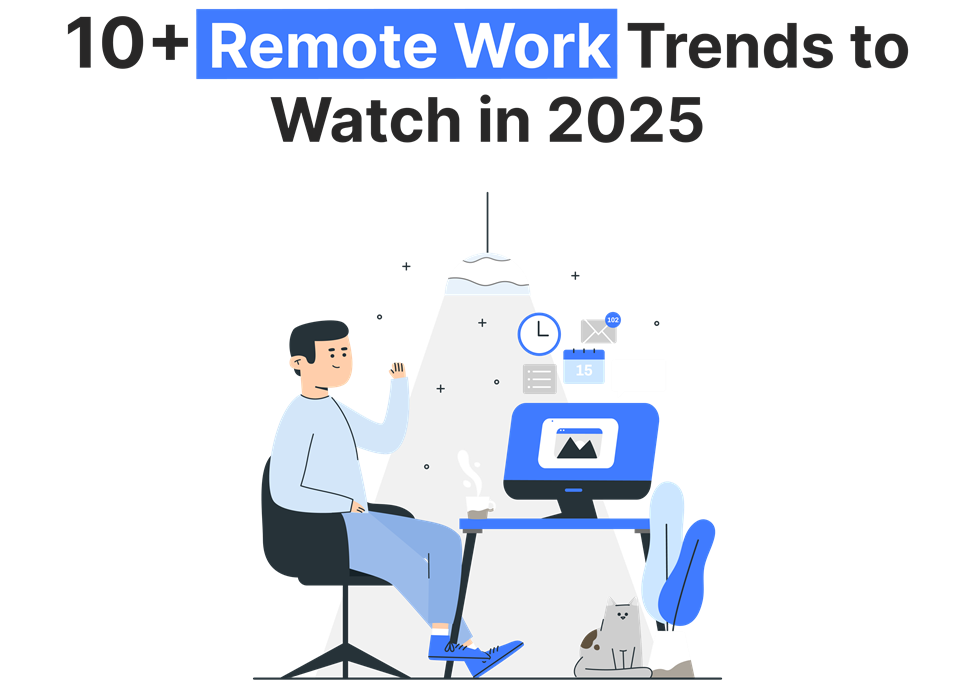 Cartoon illustration of a remote worker at a desk with computer, calendar, and icons, showcasing top remote work trends in 2025.