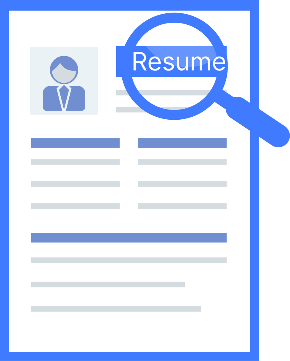 A resume document with a magnifying glass highlighting "Resume," emphasizing the importance of consistent section headers in formatting.