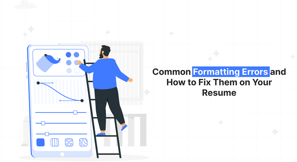 Illustration of a person fixing resume formatting errors on a phone screen, highlighting common mistakes and how to correct them.