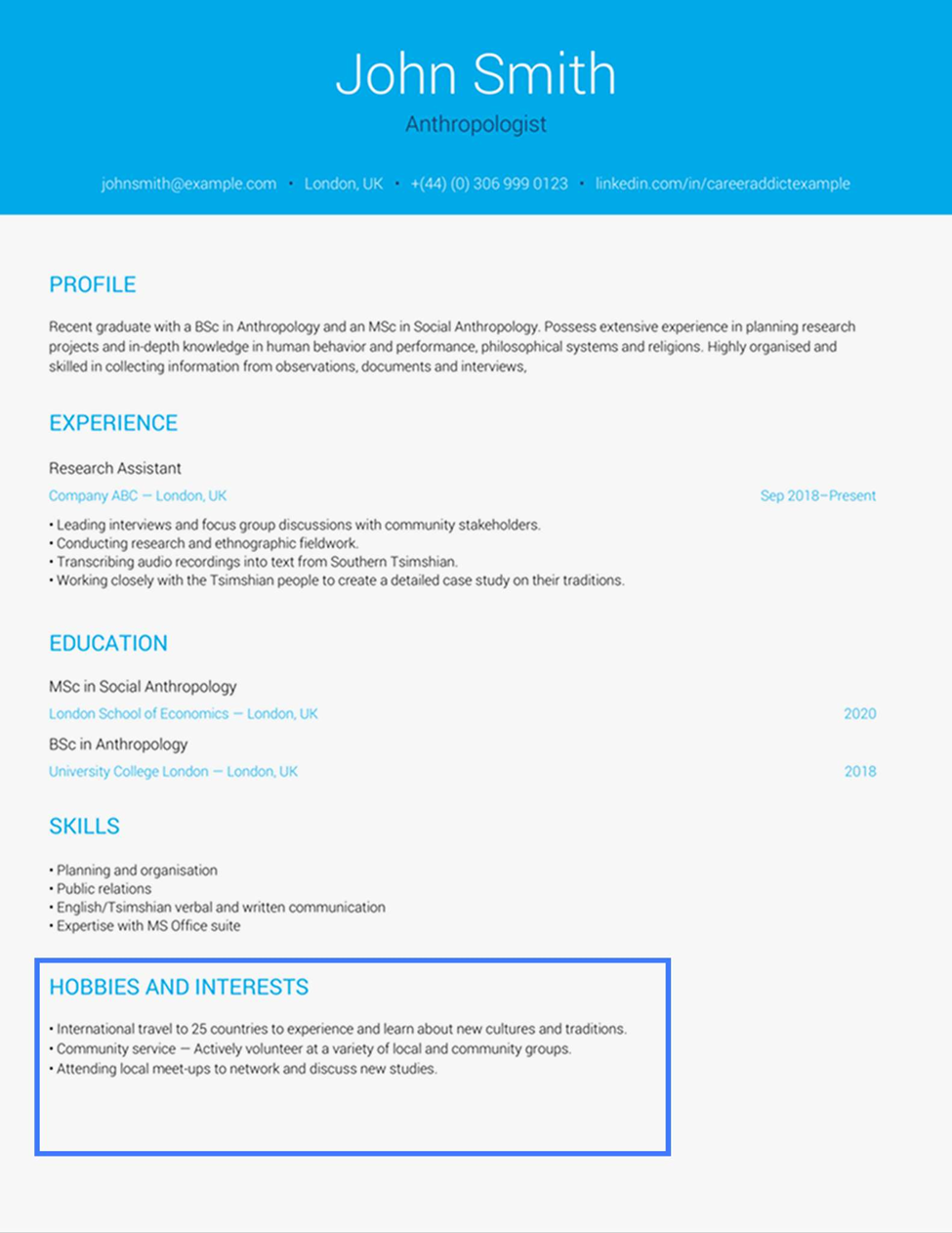 Resume of John Smith, an anthropologist, showcasing experience, research skills, and a hobbies section emphasizing travel and community work.