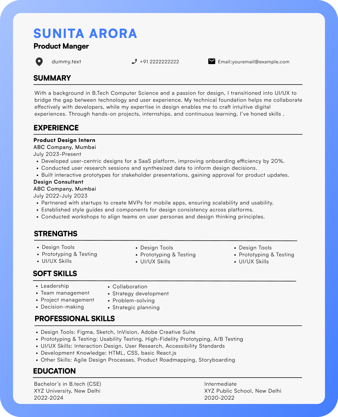 Resume of Sunita Arora, a product manager with UI/UX experience, showcasing skills in SaaS, mobile app design, and user research.