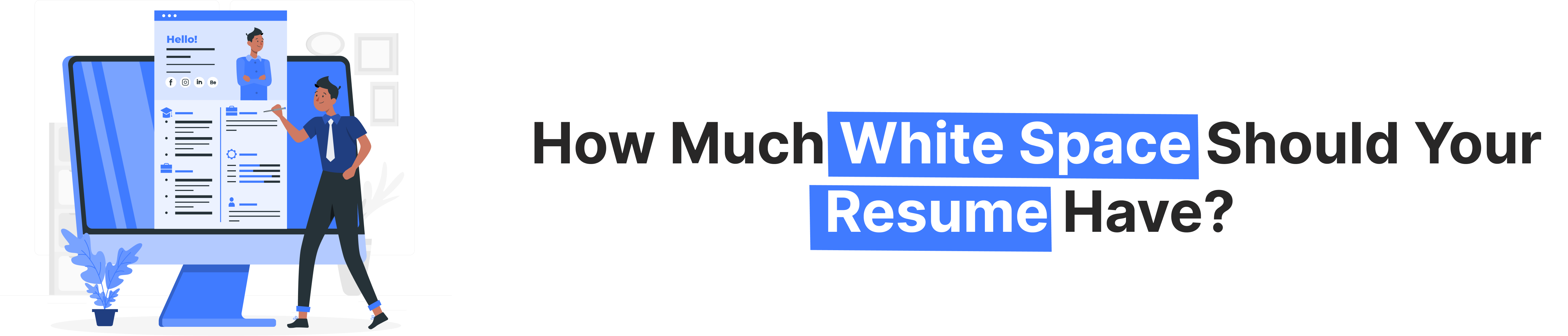 Illustration of a person reviewing a resume on-screen, questioning how much white space is ideal to avoid a resume formatting mistake.