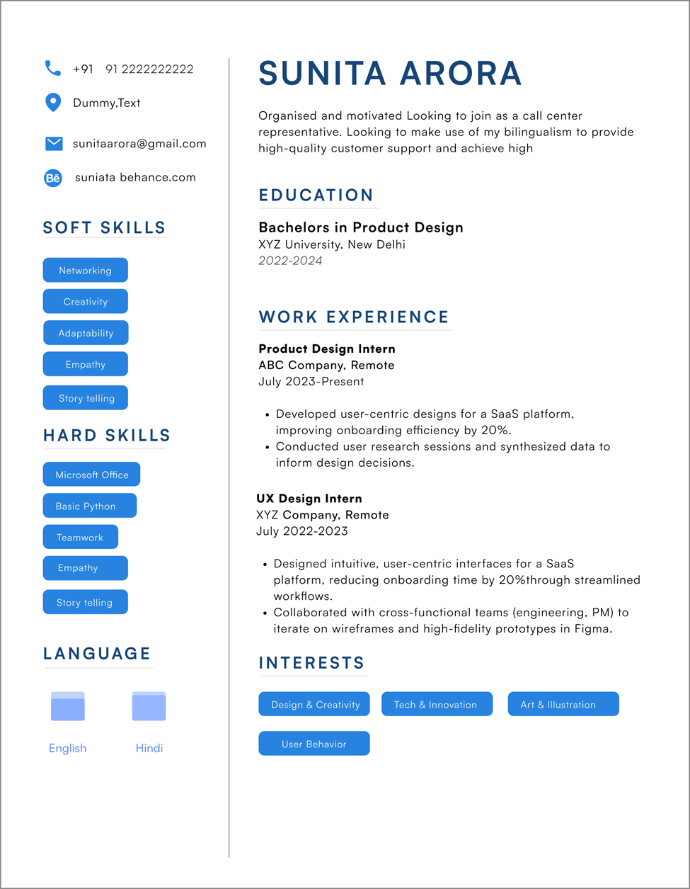 College student resume featuring product design internships, hard and soft skills, and education from XYZ University, New Delhi.