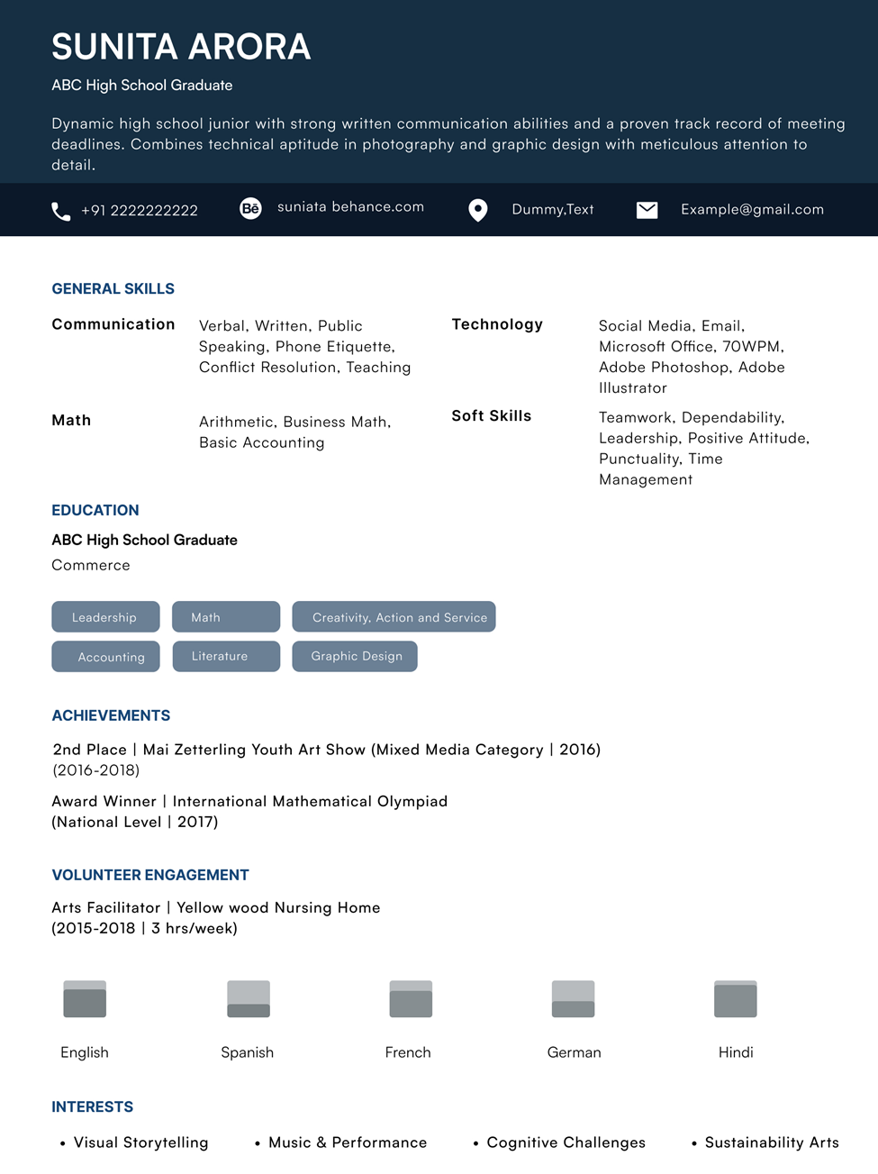 Example of a high school student resume showcasing skills, achievements, education, interests, and contact details in a clean layout.