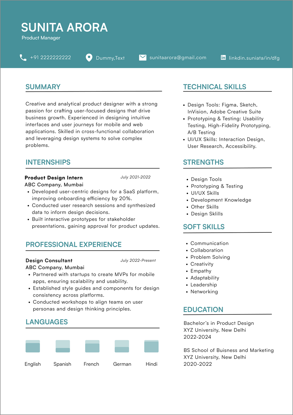 Internship resume of Sunita Arora showcasing product management experience, SaaS design, and mobile MVP development for student roles.