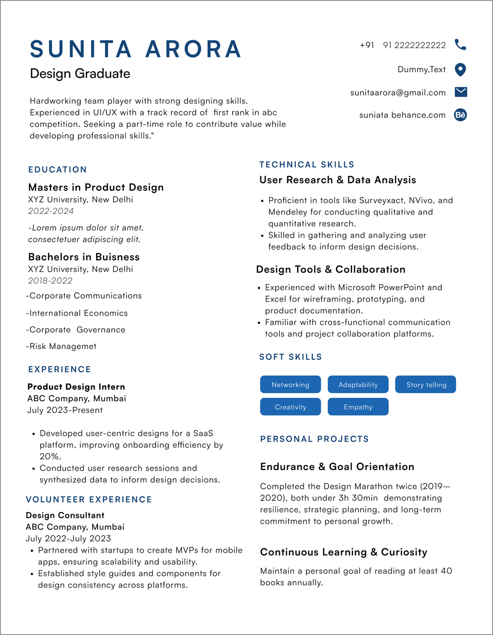 Sunita Arora’s part-time job resume highlighting education, UI/UX experience, soft skills, and goal-driven personal projects.
