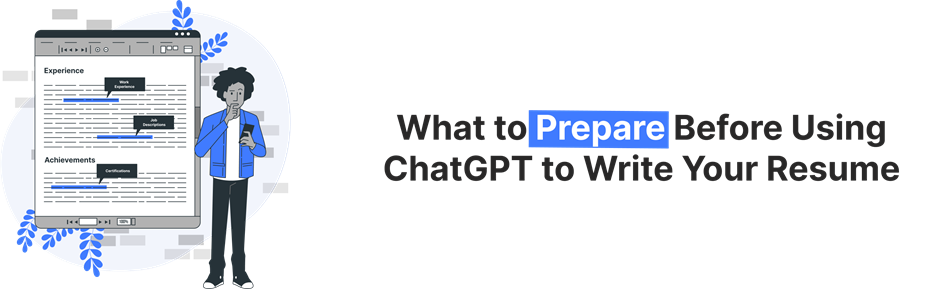 Illustration of a person reviewing resume sections like experience and achievements before using ChatGPT to create a professional resume.