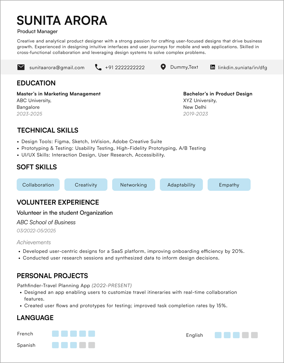 Recent graduate resume of Sunita Arora featuring education, design skills, volunteer work, and a travel planning app project.