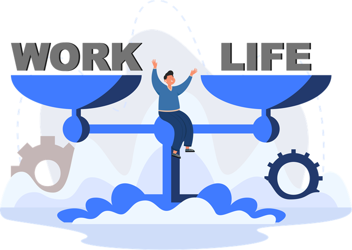 Person sitting on a balance scale with the words "WORK" and "LIFE" on either side, illustrating the concept of work-life balance.