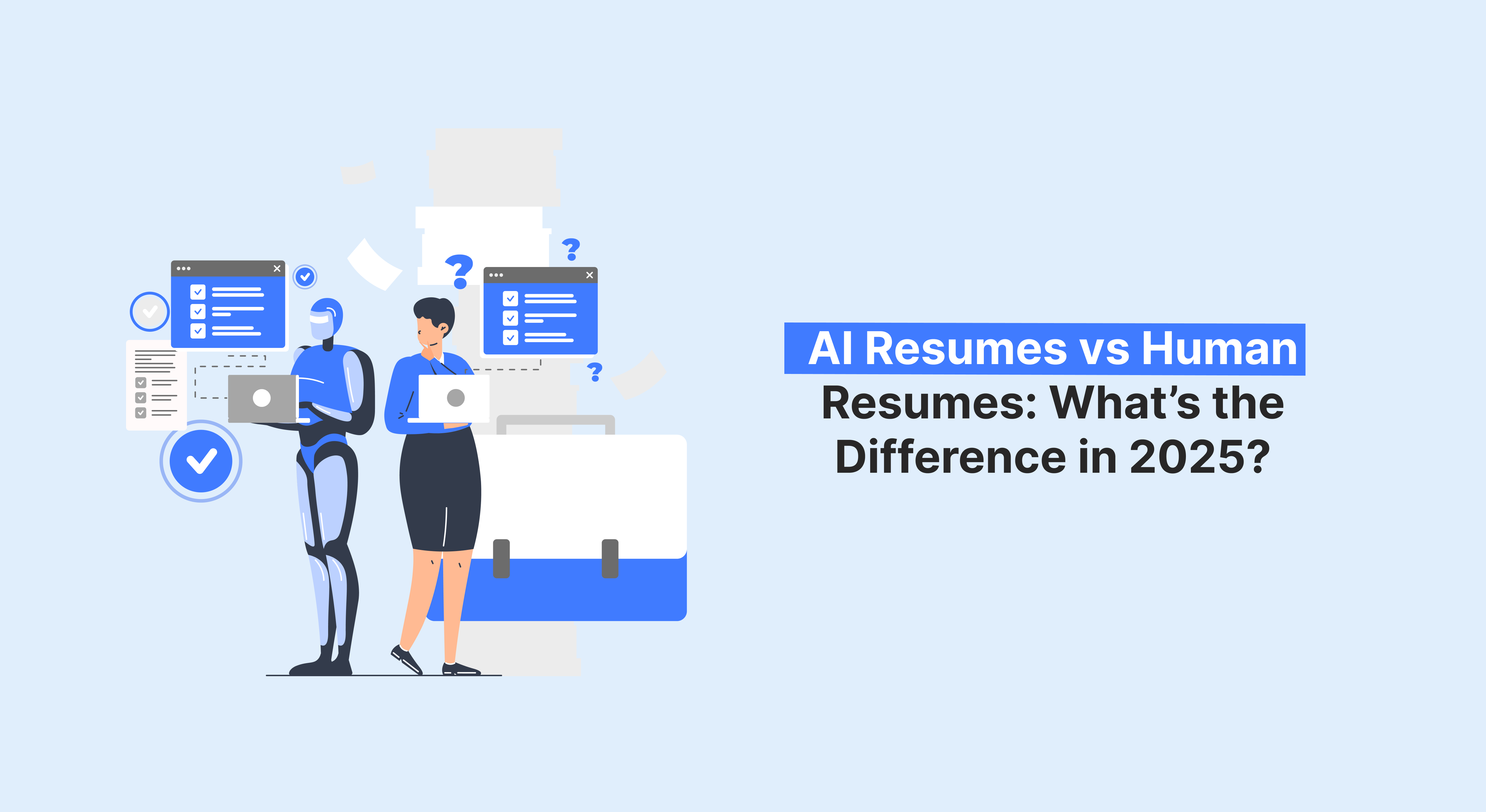 AI-generated resumes versus human-created resumes, comparing the differences in 2025, illustrated with an anthropomorphic robot and a human figure each holding a laptop.
