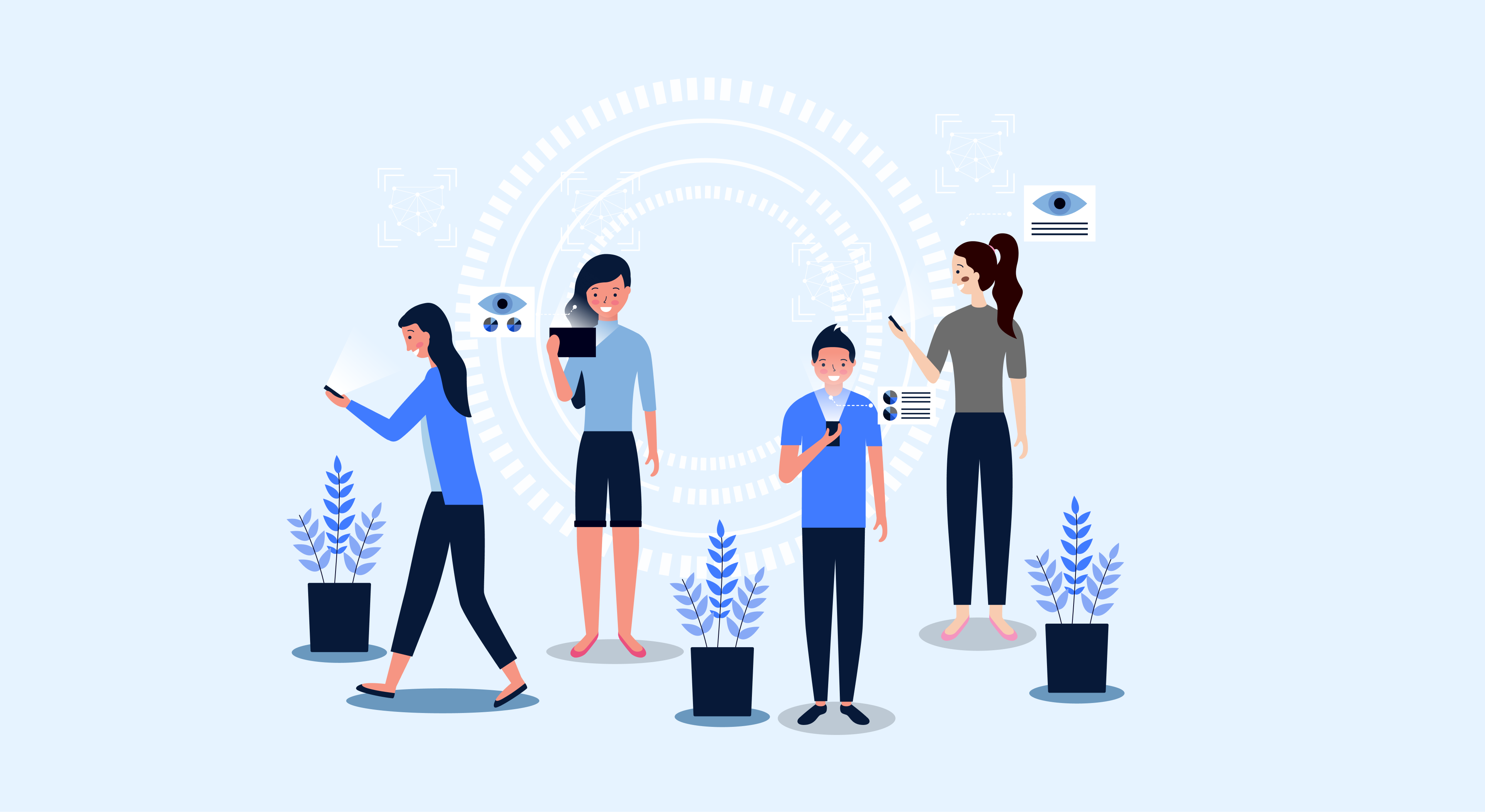 Four job seekers interact with digital devices, representing AI interview trends and tech-driven job search in 2025.
