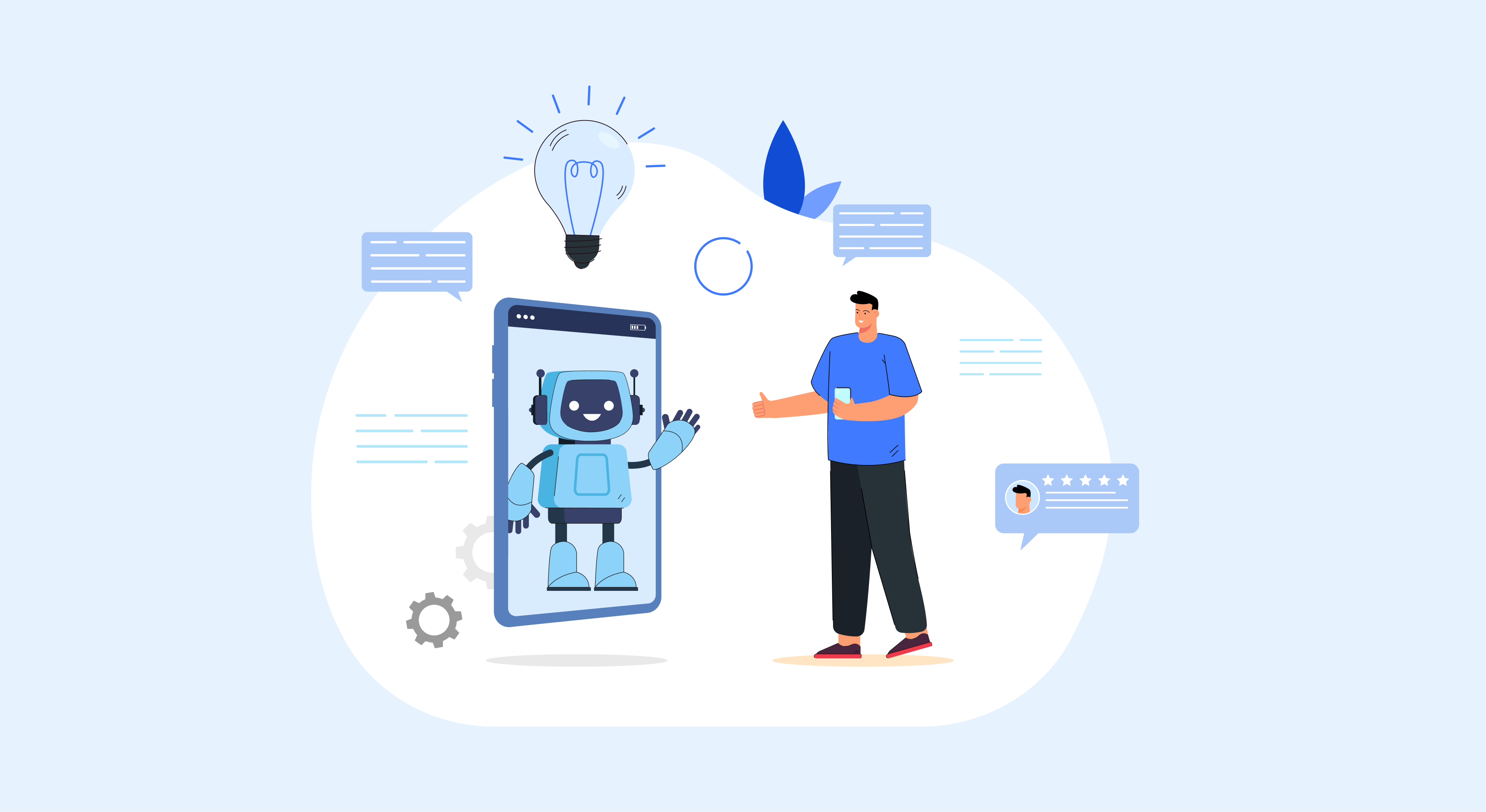 Smiling robot on a smartphone screen interacting with a person, showcasing positive customer feedback and a conceptual illustration of AI assistance.
