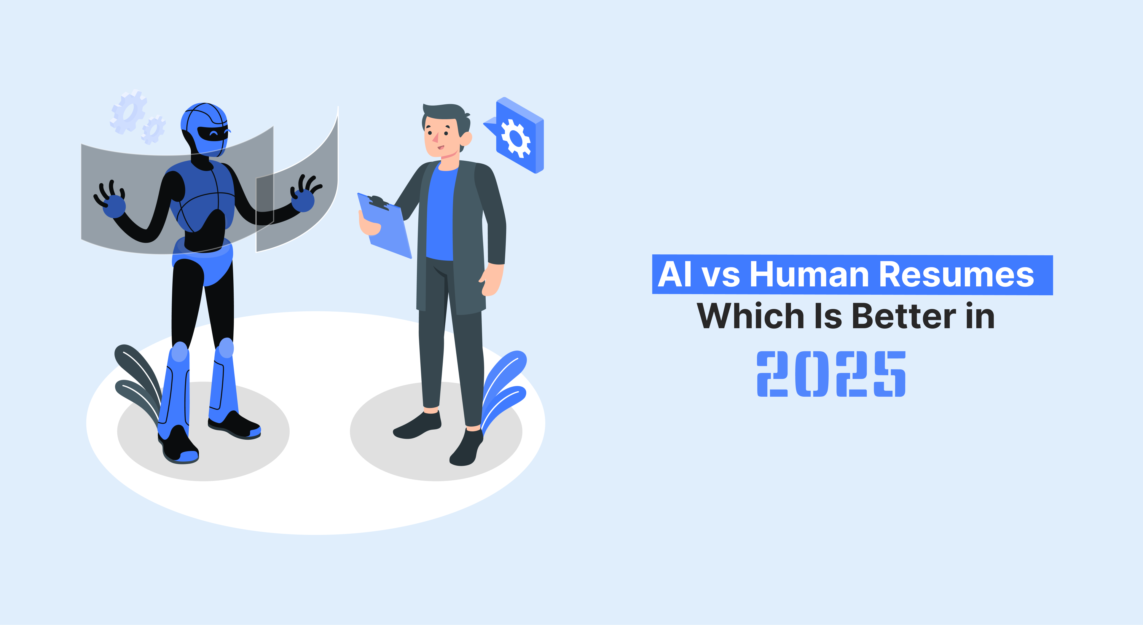 Illustration of a robot and a human comparing resumes in 2025, visualizing the debate over AI vs human-written resumes in today’s job market.