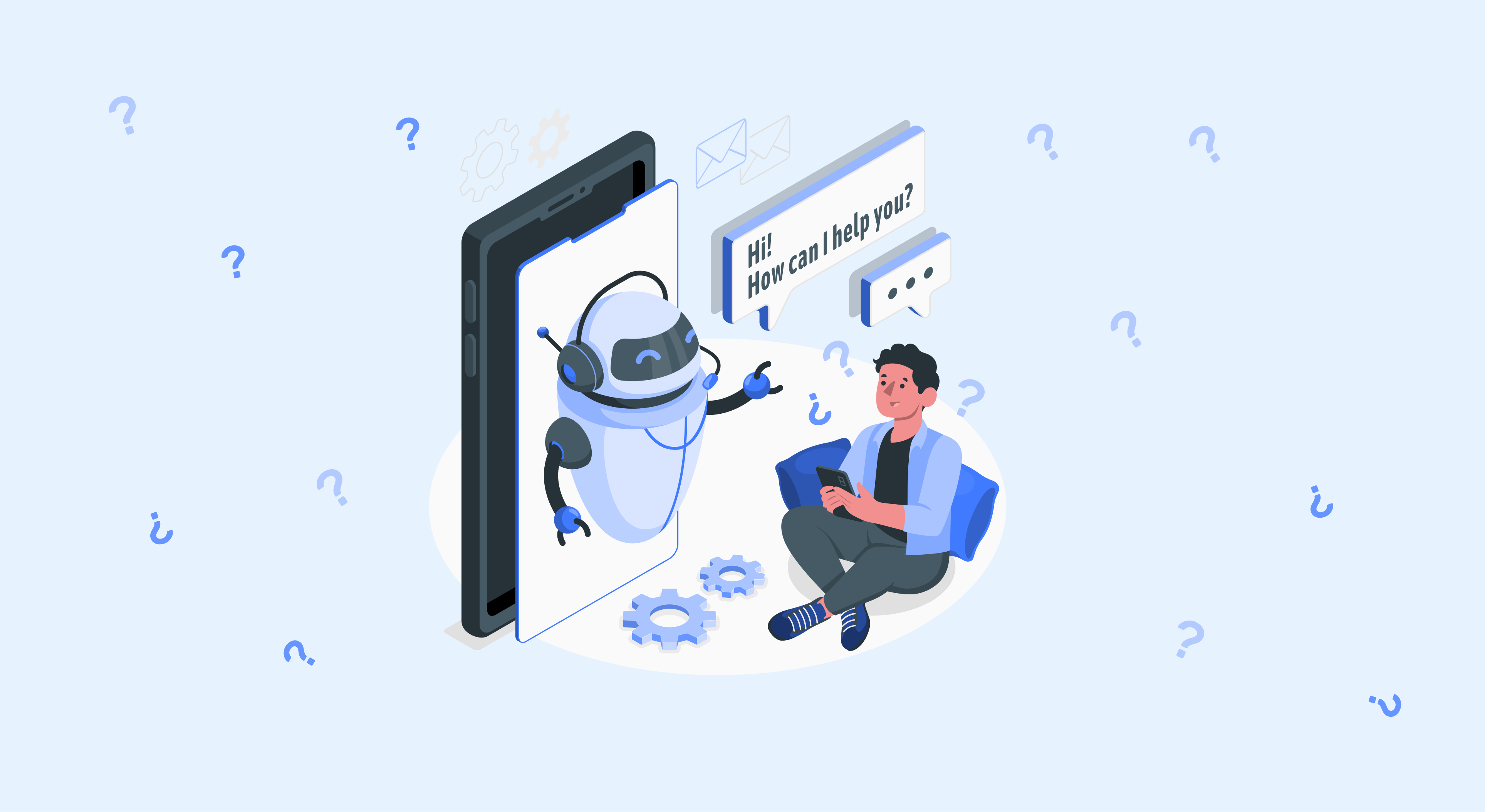A cartoon illustration of a person interacting with a chatbot on a smartphone, with question marks suggesting support or inquiry.