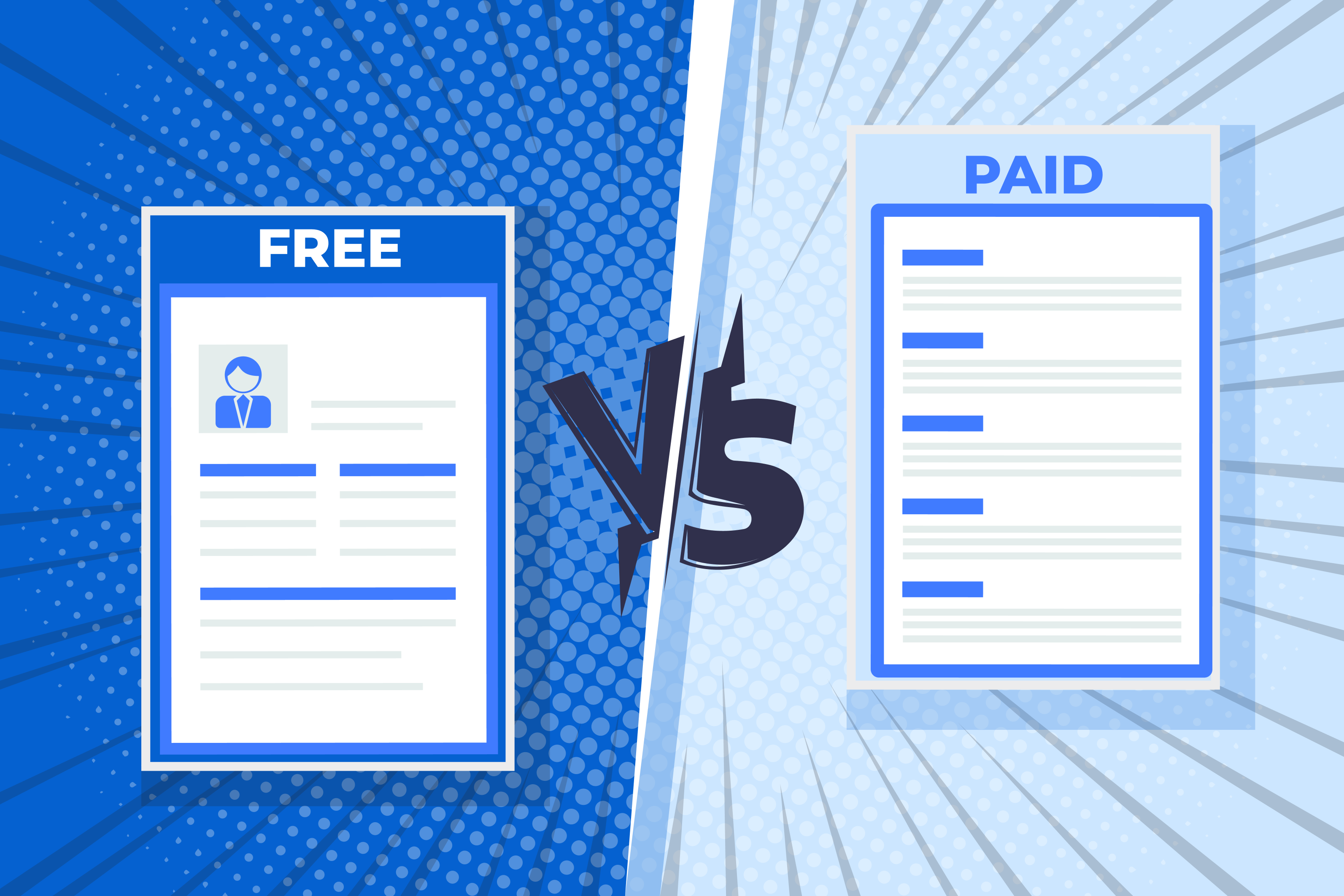 Side-by-side comparison of free vs paid AI resume builders showing basic and advanced formats to help users choose the right option.