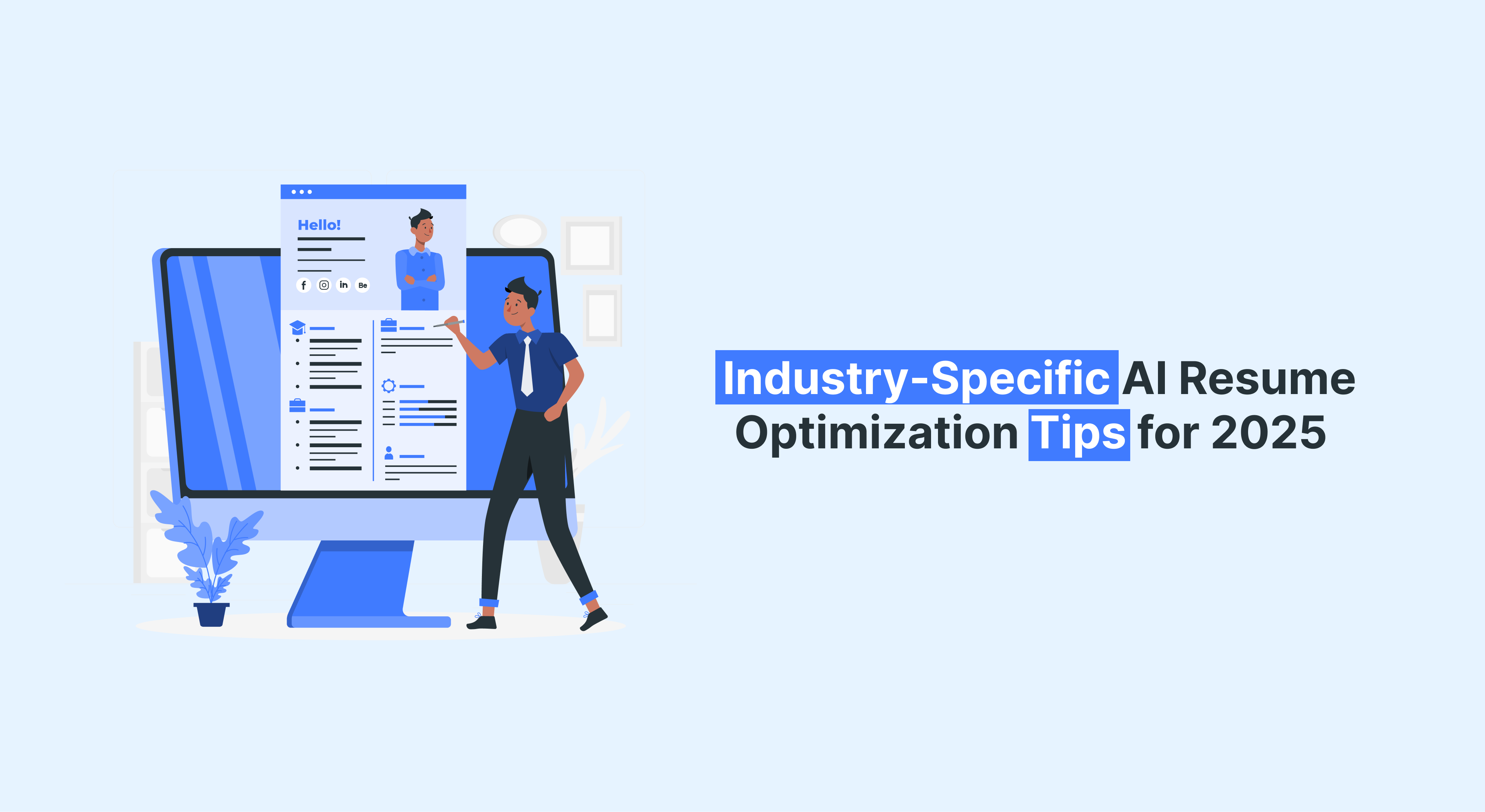 Illustration of a person editing a resume on-screen, emphasizing industry-specific AI resume optimization strategies for 2025 job applications.