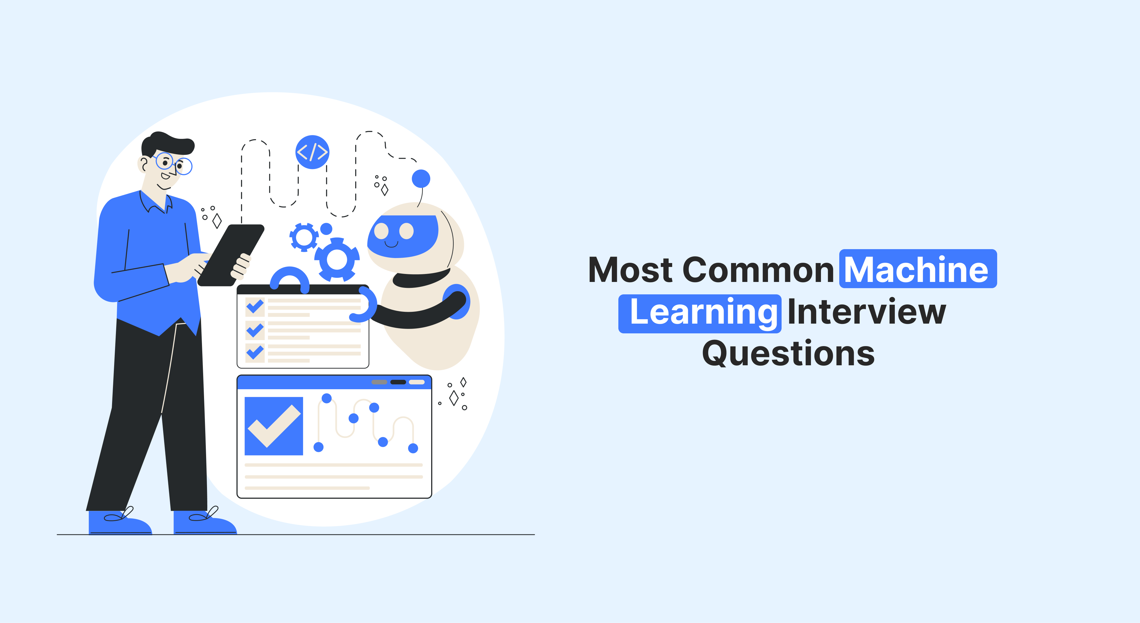 Illustration of a person reviewing machine learning interview questions with a robot assistant, showcasing AI in job interview prep.