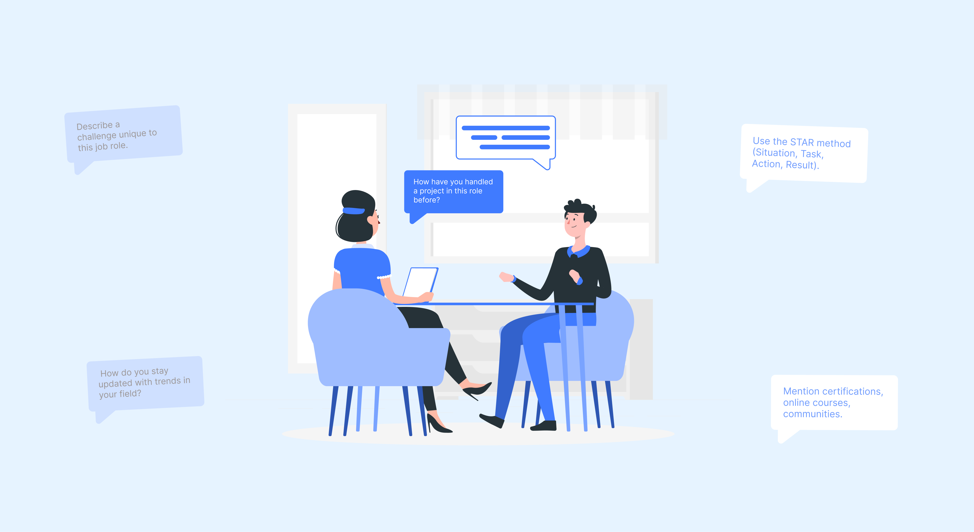 Two people seated at a table, engaged in a job interview, with various questions and advice displayed in speech bubbles.