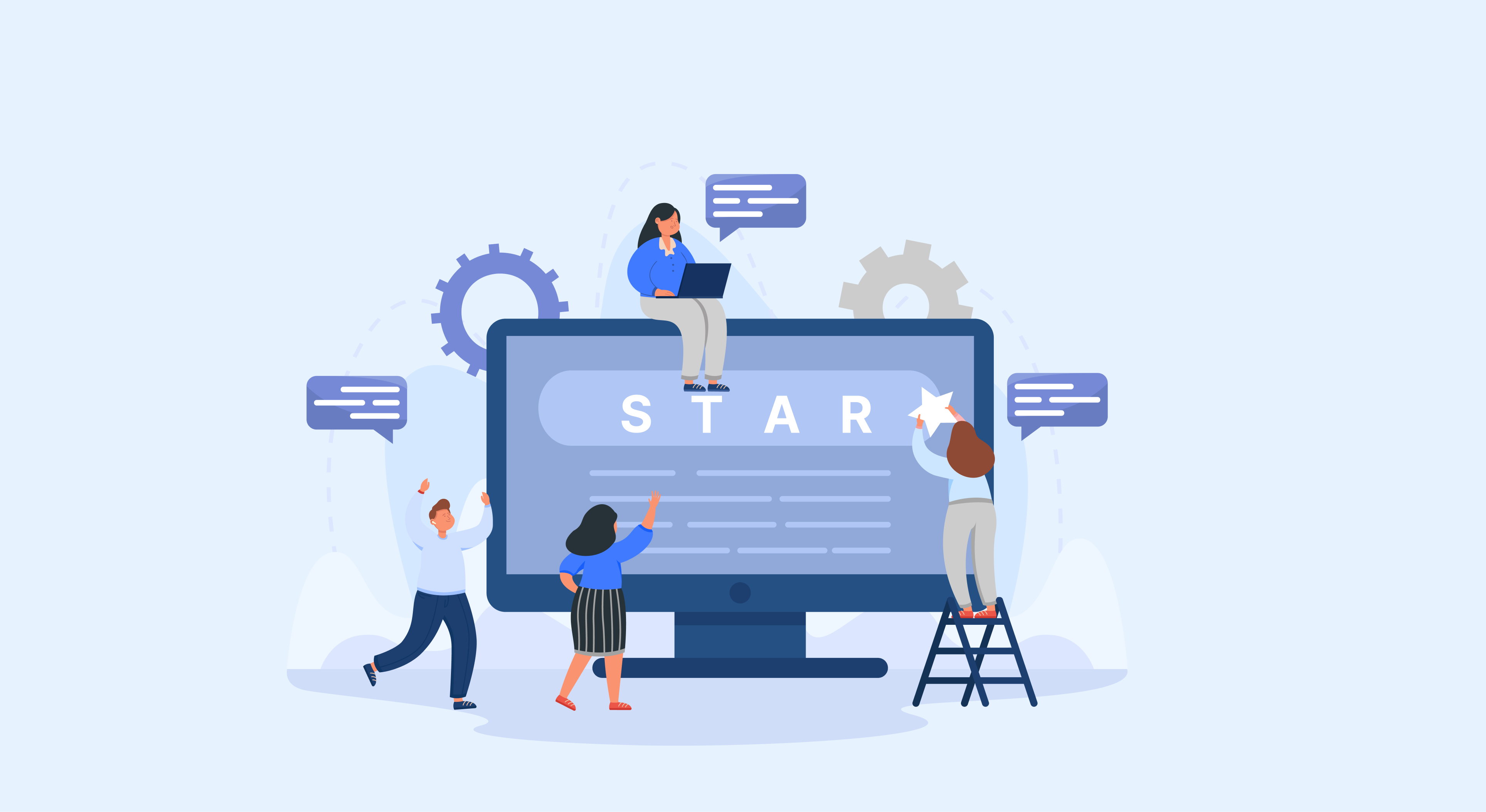 Illustration of a team working on STAR method content for answering role-based interview questions using a large screen display.